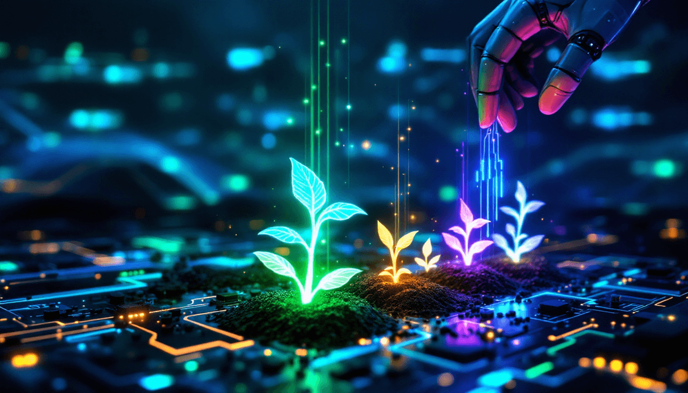 A futuristic scene showing the growth of AI agents represented as glowing digital seedlings emerging from circuit board soil. A robotic hand waters them with streams of flowing code and data particles. Each seedling has a different colored glow (blue, green, purple, gold) representing different agent types. The background shows a digital landscape with blockchain networks and data streams. Cinematic lighting, depth of field, high-tech aesthetic with organic growth metaphor.