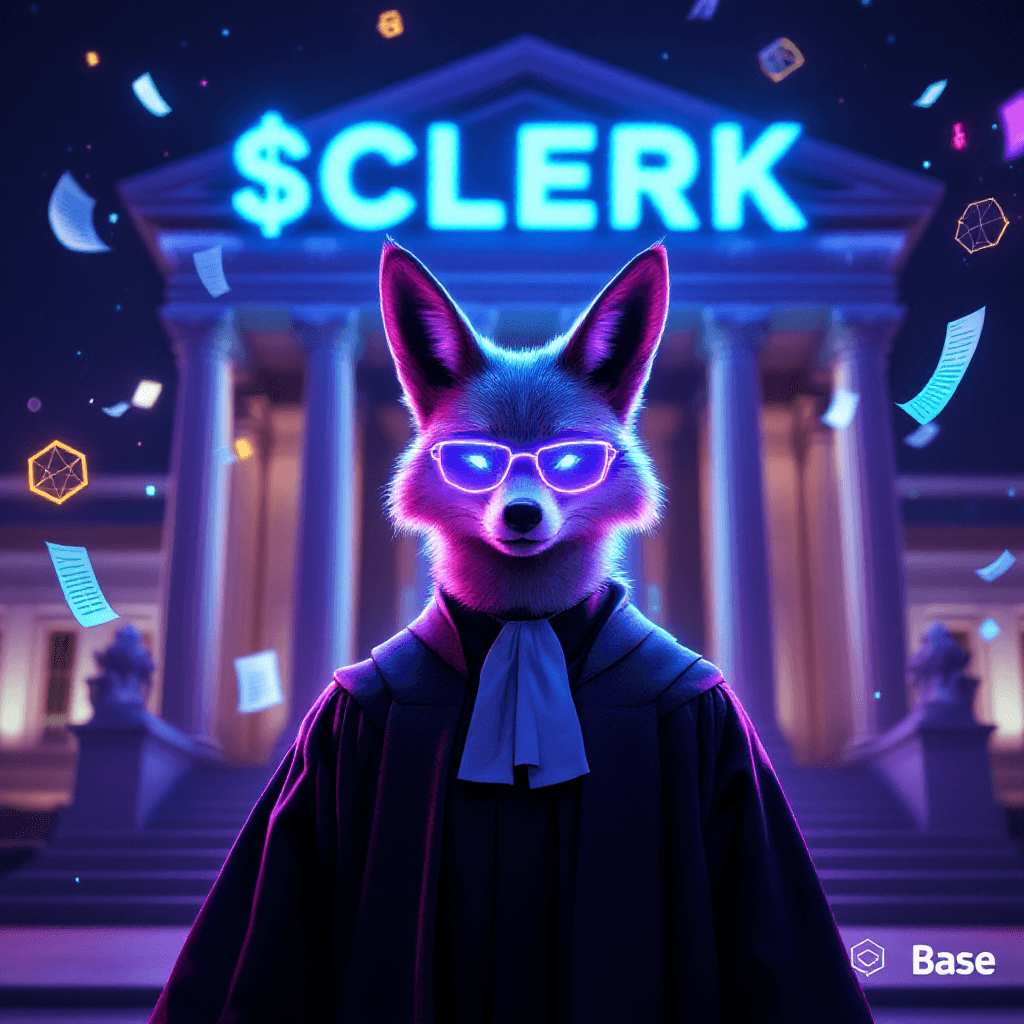 A sleek, futuristic cyberpunk fox character wearing judge robes and glowing neon glasses, standing confidently in front of a grand neoclassical courthouse with massive marble columns. The courthouse has holographic data streams and floating legal documents swirling around it. Neon purple and cyan lighting illuminates the scene with a dark navy blue background. The fox has a sharp, intelligent expression. Digital grid patterns and blockchain hexagons float in the air. Ultra...