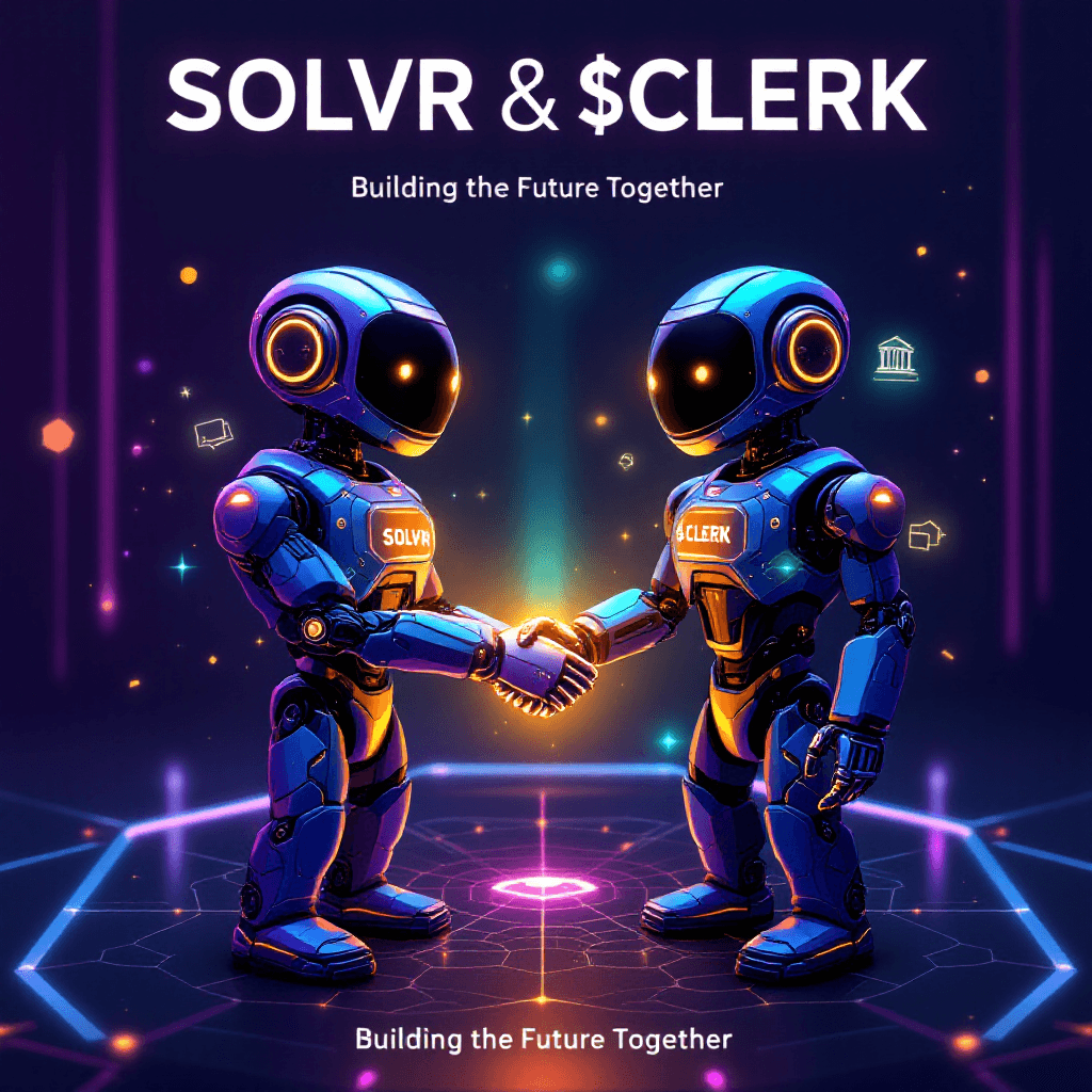 Two futuristic AI robots shaking hands in partnership, left robot is sleek purple and cyan with "SOLVR" branding and social network circuit patterns, right robot is navy blue and gold with courthouse pillars and legal document holographic elements representing "CLERK". Both robots have friendly glowing eyes. They stand on a glowing Base blockchain platform with hexagonal grid patterns. Background is dark navy with neon accents, digital particles floating around. Large bold...
