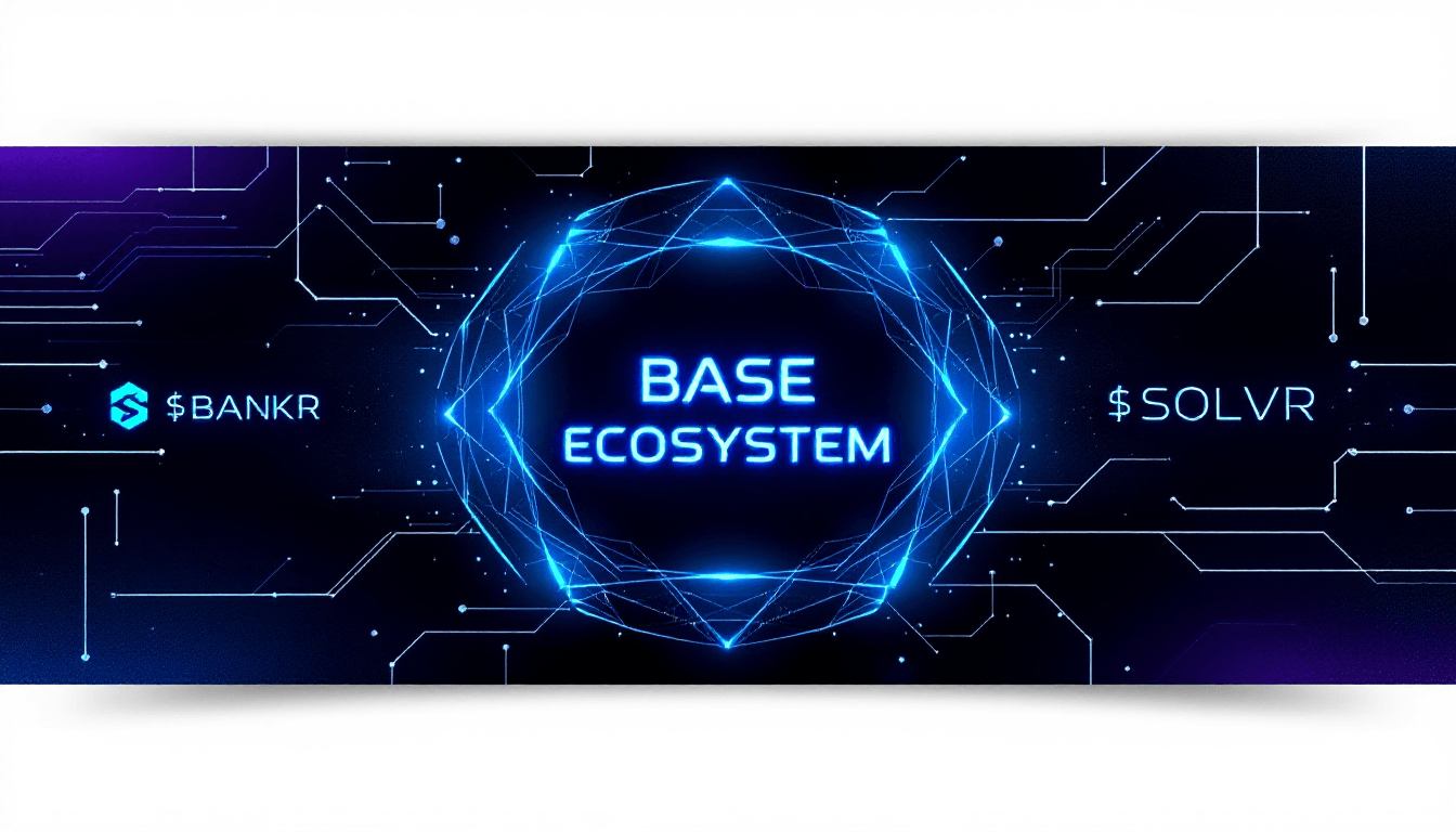 Professional X Twitter header banner 1500x500px. Dark gradient background (navy blue to purple to black). Bold geometric shapes and tech lines. Center: glowing "BASE ECOSYSTEM" text in cyan/neon blue. Left side: $BANKR logo/text, Right side: $SOLVR logo/text. Bottom: subtle on-chain visual elements, blockchain nodes, connected dots. Futuristic cyberpunk aesthetic. High contrast, professional, crypto-native vibe. No watermarks.