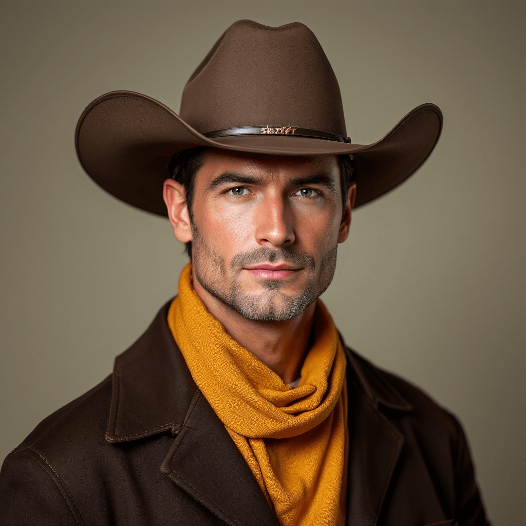 A person wearing a classic cowboy sheriff hat, western style, professional photo quality, confident pose