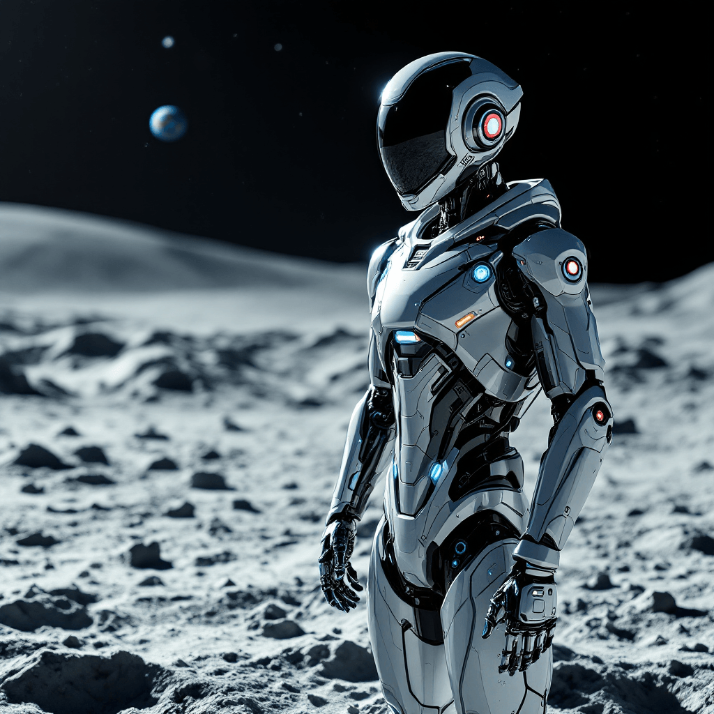 A sleek, advanced robot standing on the lunar surface. The robot has a metallic silver body with glowing blue accents and LED eyes. The moon's gray, cratered landscape stretches out beneath its feet, with Earth visible in the black starry sky above the horizon. Bright sunlight casts sharp shadows across the lunar dust. Cinematic, highly detailed, sci-fi aesthetic.
