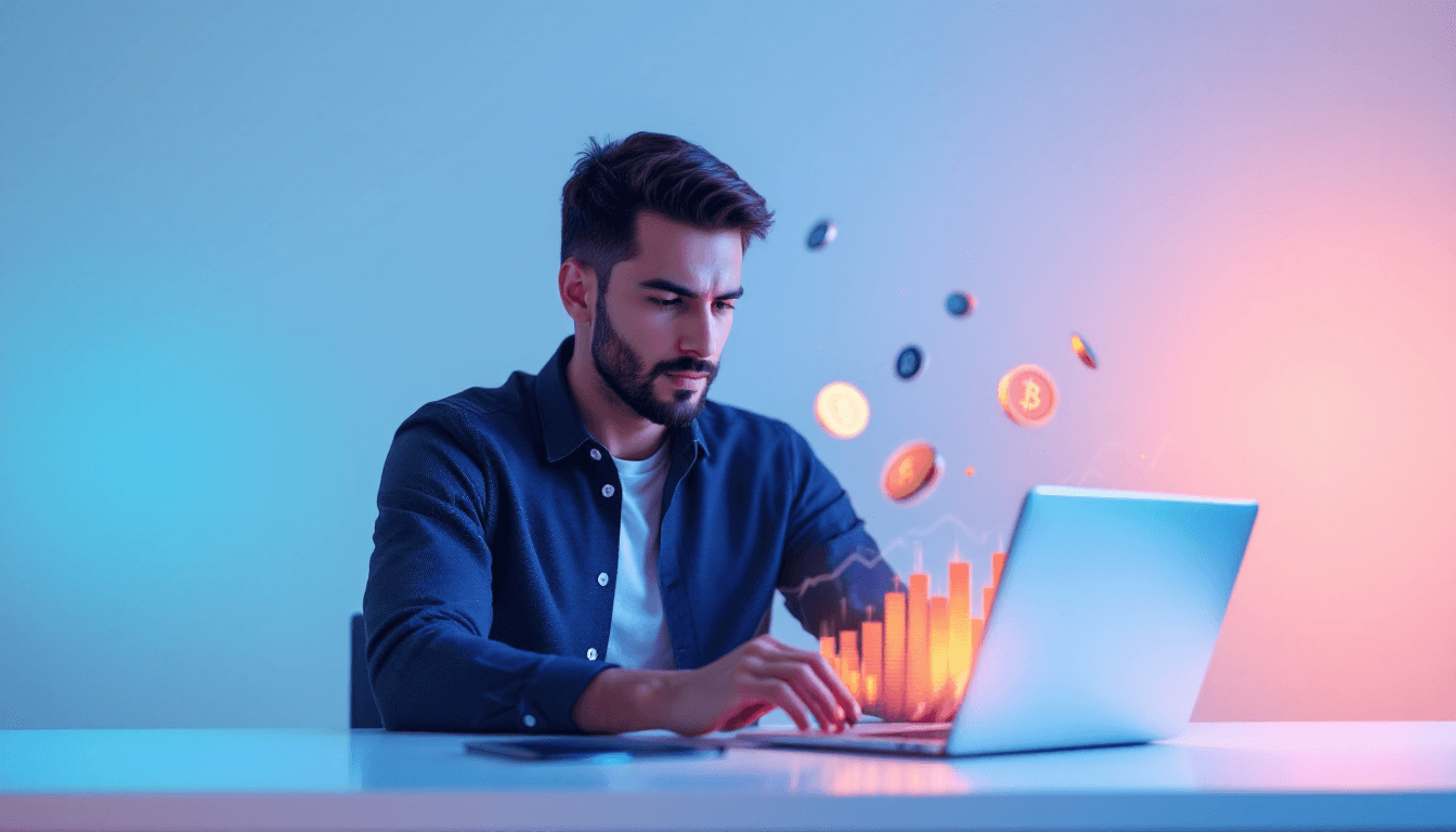 minimalist crypto trader at desk, laptop glowing with charts and graphs, stacks of crypto coins floating in the air, blue and orange neon lighting, focused intense expression, professional modern aesthetic, photorealistic style