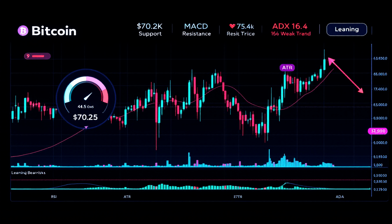 A sleek, modern cryptocurrency price chart for Bitcoin showing technical analysis. Dark background with neon blue and green candlestick chart, red downtrend arrow. Display RSI gauge at 42.5 (neutral), MACD histogram in negative red, Bollinger Bands around price, ATR volatility bars. Futuristic HUD style with data overlays: "$70.2K Support", "$74.6K Resistance", "ADX 16.4 Weak Trend", "Leaning Bearish". Tech aesthetic with glowing lines and digital typography. High contrast...