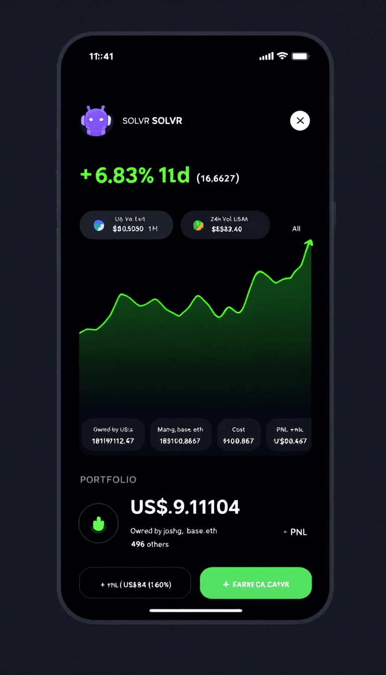 Professional cryptocurrency mobile app interface on dark background. Top section shows SOLVR token logo (purple robot mascot icon), token name "SOLVR", large white price display "US$0.0650081", bright green text showing "+6.83% (1d)" gain. Below shows two grey pill-shaped badges: "24h Vol: US$83.00" and "MCap: US$49.64K". Center features large smooth line chart in bright neon green (#00ff41) showing upward price movement with volatility, rising from bottom left to peak in ...