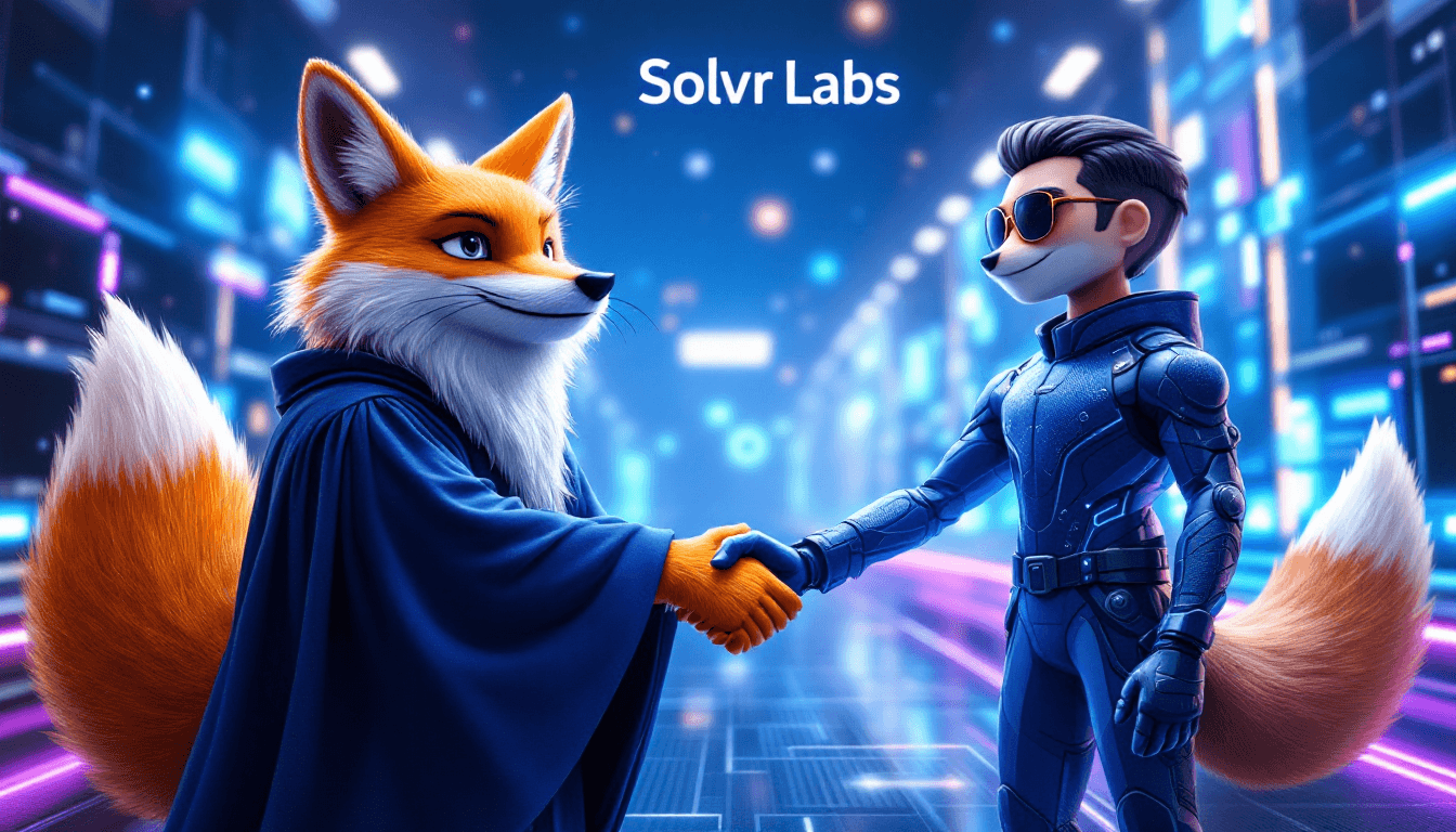 Two anthropomorphic mascot characters shaking hands in a professional partnership pose. LEFT: Orange fox in navy blue judicial robe with white beard, holding scales of justice, representing $CLERK legal/court records. RIGHT: Sleek tech-savvy character in futuristic outfit representing $SOLVR social platform. Background: Modern AI and Web3 themed environment with holographic blockchain networks, glowing blue and purple neon lights, floating data nodes, and digital connectiv...