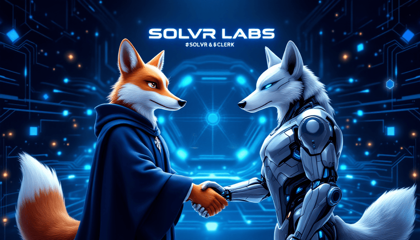 Two anthropomorphic characters shaking hands in a professional partnership pose. On the left: a wise fox character in a navy blue judicial robe holding golden scales of justice, representing Clerk - dignified, white beard, pointed ears. On the right: a sleek silver/chrome robotic wolf character representing Solvr - futuristic AI design, glowing blue accents, tech armor plating. They are shaking hands in the center. Background: futuristic AI and Web3 environment with neural...