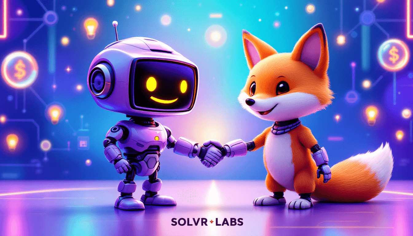 Purple and silver AI robot mascot (Solvr) with TV screen face and yellow smiley eyes shaking hands with an orange fox character (Clerk), both smiling friendly. Vibrant blue gradient background with Web3/AI tech elements - glowing lightbulbs, blockchain nodes, digital streams. Modern futuristic design. Text "SOLVR LABS" at bottom. $SOLVR and $CLERK ecosystem partnership handshake moment.