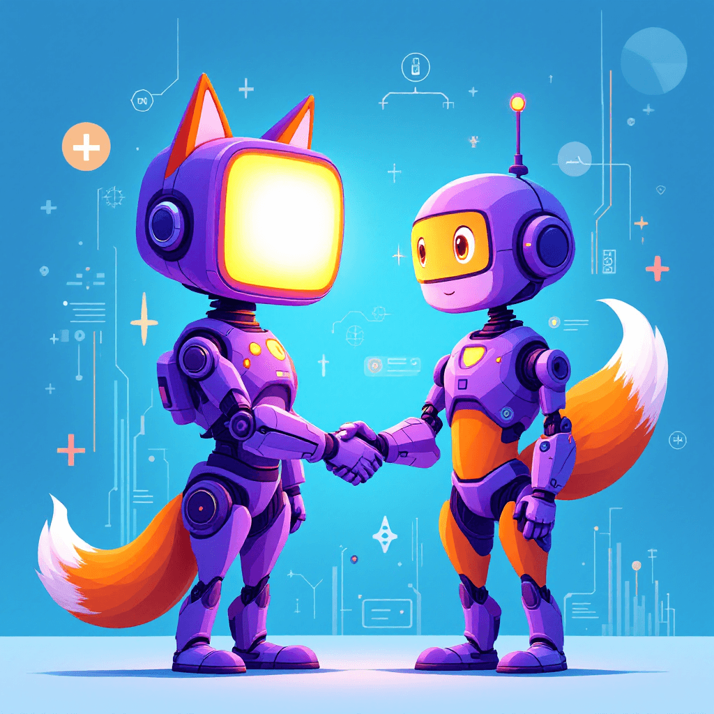 Solvr purple robot with glowing TV screen face shaking hands with orange fox character. Friendly handshake. Blue futuristic background with tech elements. Partnership moment. Clean, colorful, modern design.