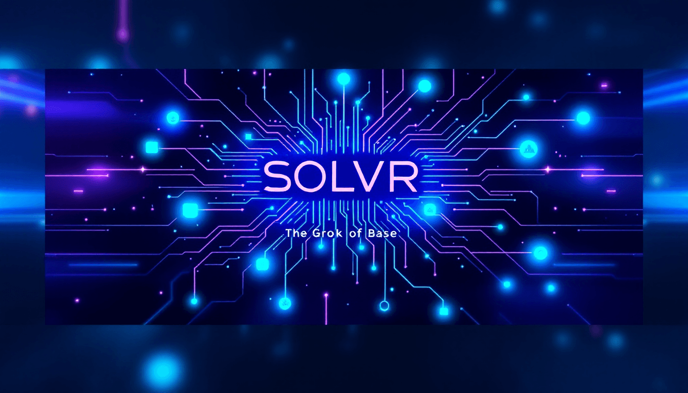 Modern sleek design for cryptocurrency social platform SOLVR on Base blockchain. Bold neon blue and purple gradient background. Central glowing circuit board pattern forming a social network graph with interconnected nodes. Large text "SOLVR" in futuristic tech font. Smaller text "The Grok of Base" underneath. Icons representing: chat bubbles, trading charts, staking coins, lottery ball. Vibrant neon lines connecting elements. Professional crypto aesthetic, high contrast, ...