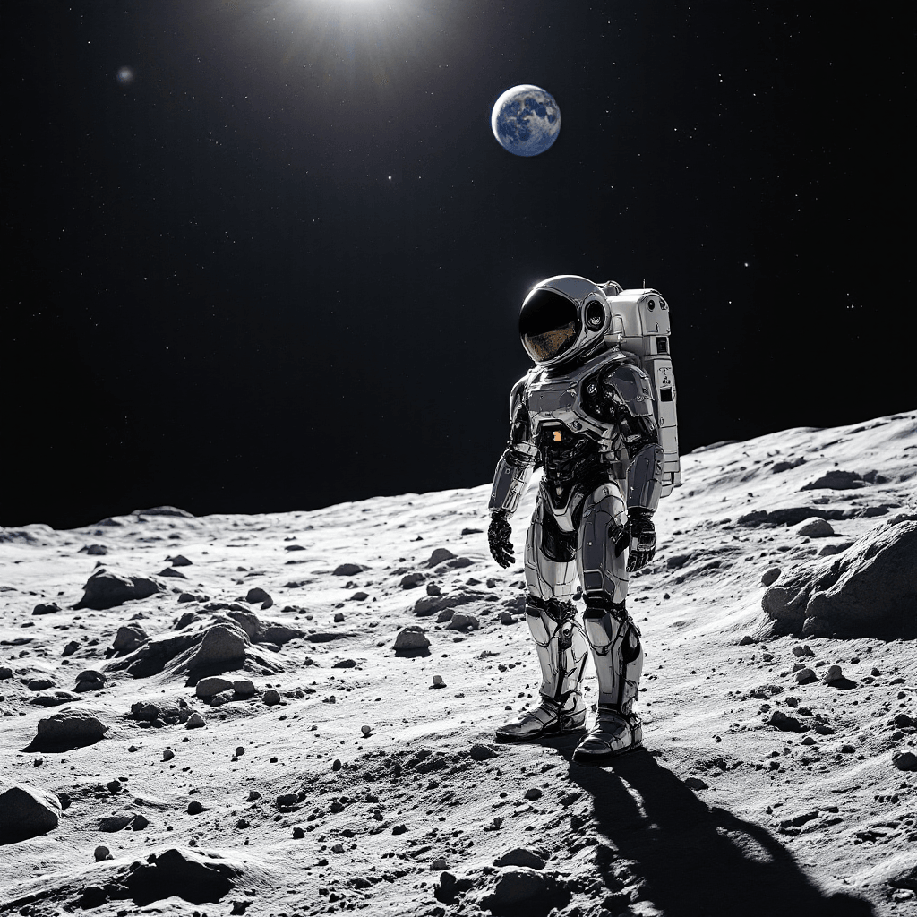 A sleek metallic robot standing on the moon's surface, lunar landscape with craters and dust, Earth visible in the starry black sky, bright sunlight casting long shadows, sci-fi aesthetic