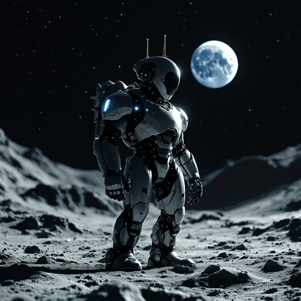 A sophisticated robot standing on the lunar surface, surrounded by grey moon dust and craters. Earth visible in the starry black sky above. The robot has a sleek metallic design with glowing blue accents, antenna on its head, and mechanical arms. Dramatic lighting from distant sun, casting long shadows across the desolate moonscape.