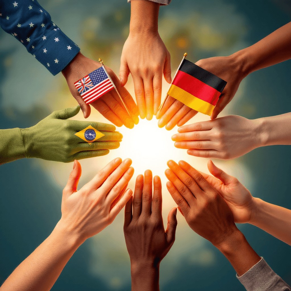 Diverse hands from different countries holding hands together in unity. Each hand holds a small flag from their respective country - American flag, British flag, Japanese flag, Brazilian flag, Indian flag, German flag, Mexican flag. Hands arranged in a circle symbolizing global unity and cooperation. Warm, inclusive, hopeful lighting. Clean, modern style.