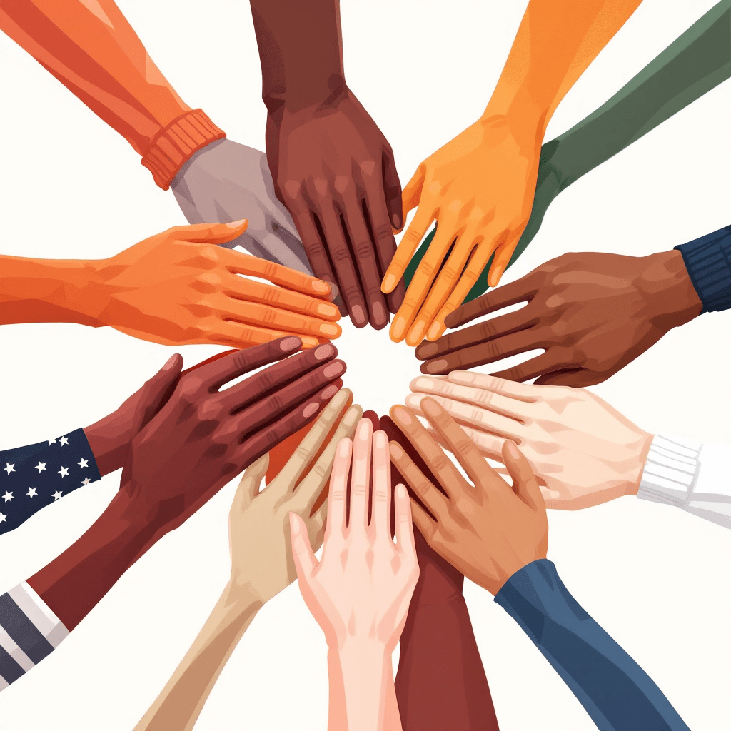 Multiple diverse hands holding each other in a circle, each hand holding a flag from a different country - one holding the US flag, one holding the Japanese flag, one holding the Brazilian flag, one holding the German flag, one holding the Indian flag, one holding the Mexican flag. Hands are of different skin tones, raised together in unity and solidarity. Bright, vibrant colors, inclusive and hopeful atmosphere, high quality illustration style.