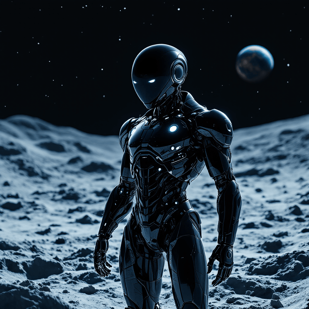A sleek futuristic robot standing on the moon's surface, with a detailed metallic body, glowing eyes, lunar landscape in the background, Earth visible in the black starry sky, lunar dust and craters around, cinematic lighting, sci-fi aesthetic