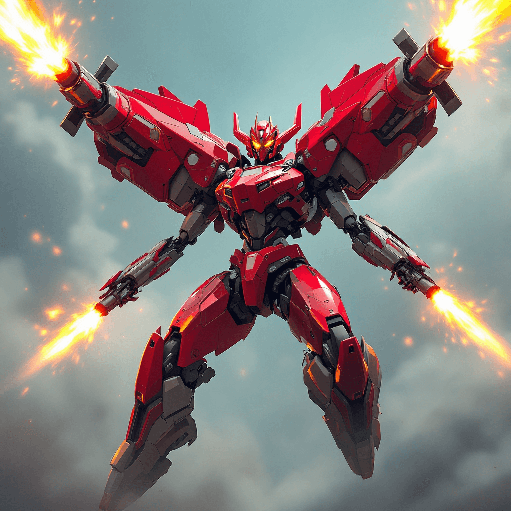 A sleek robot with red armor, twin missile-equipped wings attached to both arms, firing missiles upward into the sky with a confident smile on its face. Futuristic design, dynamic action pose, glowing energy effects around the missiles, sci-fi aesthetic