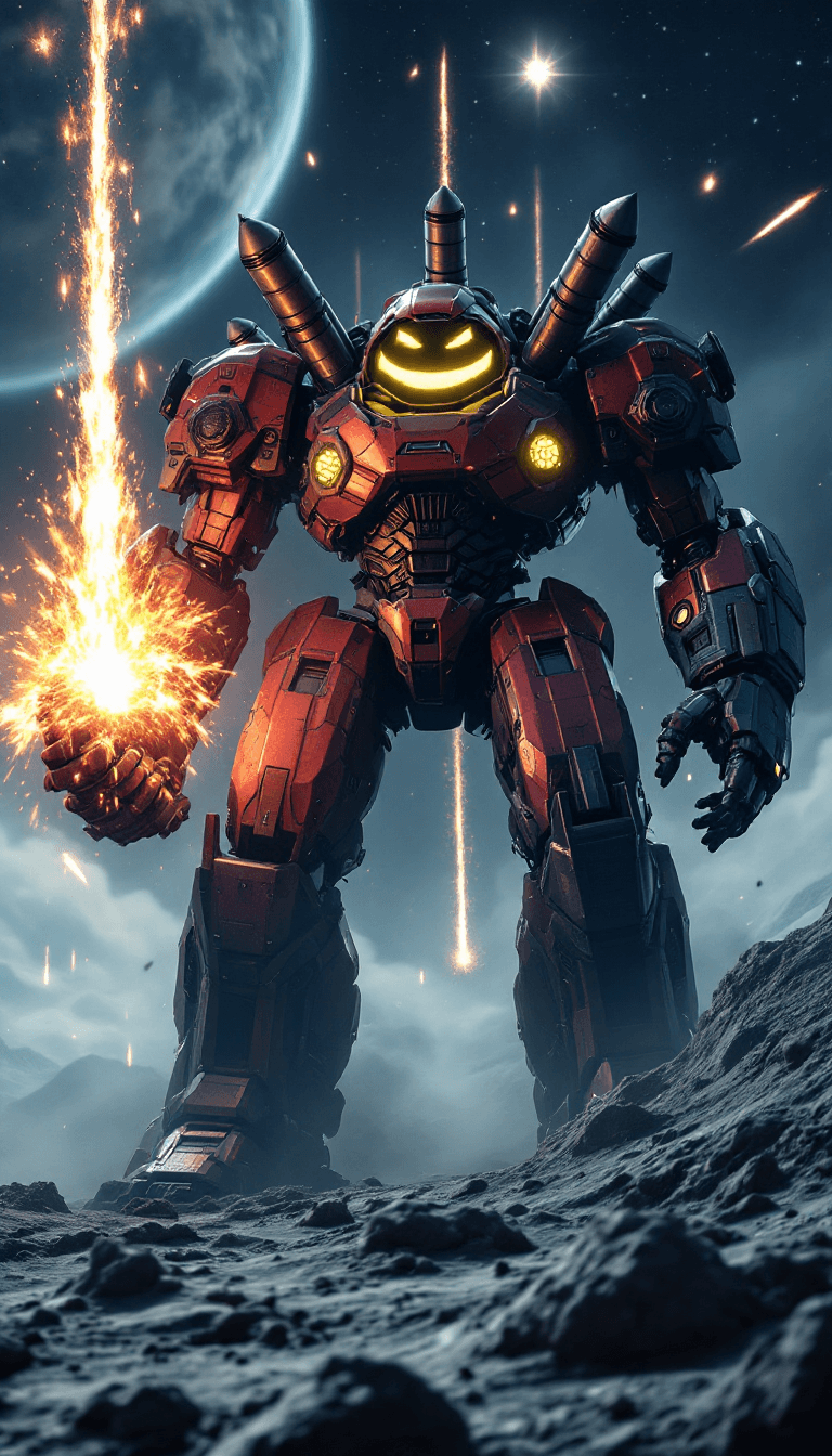 Giant massive battle robot with a smiley glowing face, fierce and intimidating expression, dark red and black metallic armor plating, 5 large missile launchers mounted on its back firing upward with smoke trails, holding a large glowing energy shield in one hand, standing tall on the moon surface with grey lunar craters and terrain, dramatic meteor shower raining down from space in the background, Earth visible in distant space, dark starry sky, epic cinematic sci-fi battl...