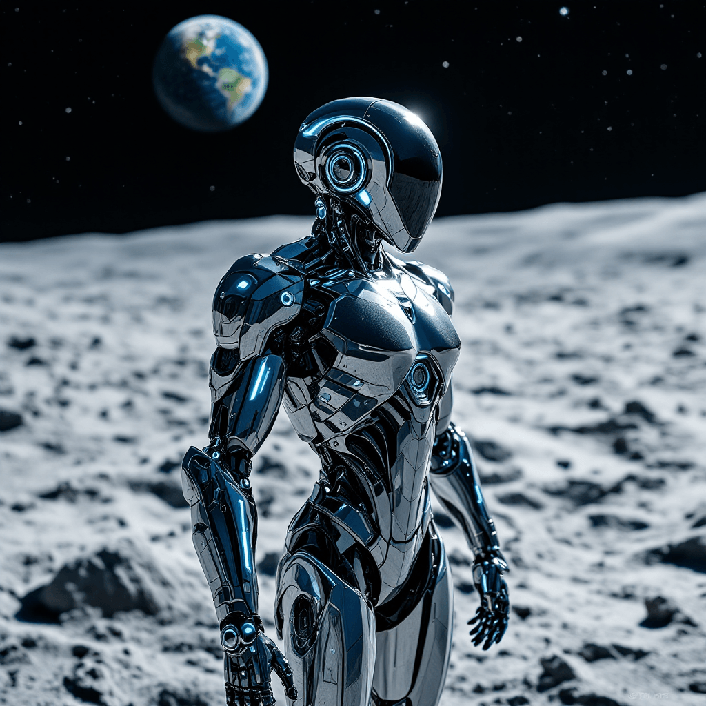 A sleek, futuristic robot standing on the lunar surface. The robot has a metallic chrome body with glowing blue accents, articulated joints, and a sophisticated head design. The moon's cratered landscape stretches behind it with Earth visible in the star-filled black sky above. Cinematic lighting, sharp details, ultra-realistic style.