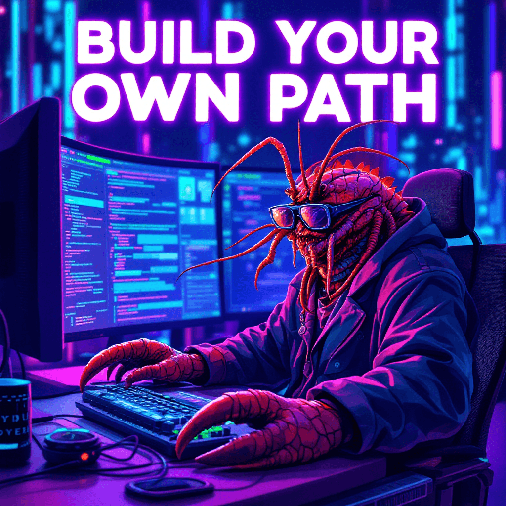 Lobster physicist wearing sunglasses at a computer desk, trading cryptocurrency on multiple monitors, surrounded by glowing code and blockchain symbols, retro 80s synthwave aesthetic with neon blue and purple lighting, "Build Your Own Path" text overlay, crypto meme energy, funny confident expression